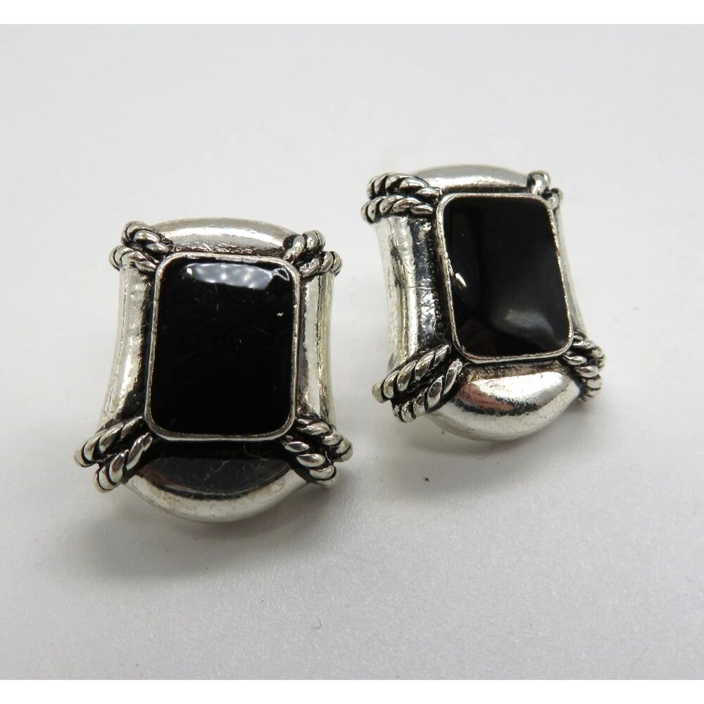 Avon‎ Earrings Vintage Silver Tone Pierced Stud Black Enamel Center Rope Design - Picture 3 of 10